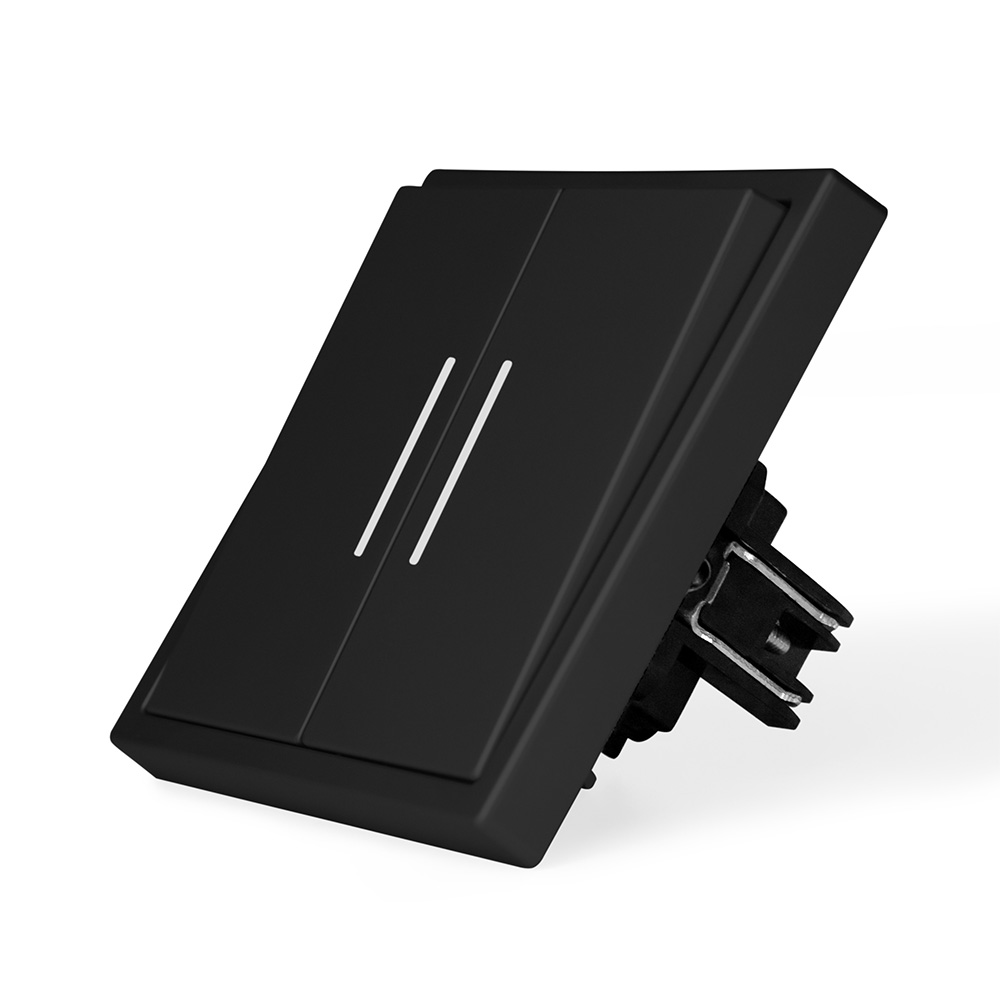 Фото Выключатель c подсветкой черный, двухклавишный, 1 пост, с тонкой пластиковой рамкой Vell {BK1P-2L-EchoGrand} (3)