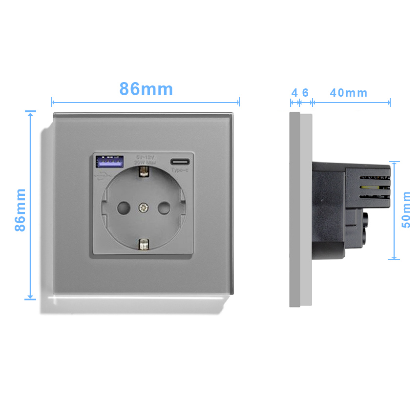 Фото Розетка электрическая, серая, 1 пост, USB-A, USB-C, быстрая зарядка, стеклянная рамка Vell {GY1P-EUACF} (2)