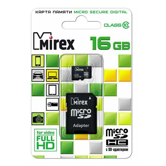 Фото Флеш карта microSD 16GB Mirex microSDHC Class 10 (SD адаптер) {13613-AD10SD16}