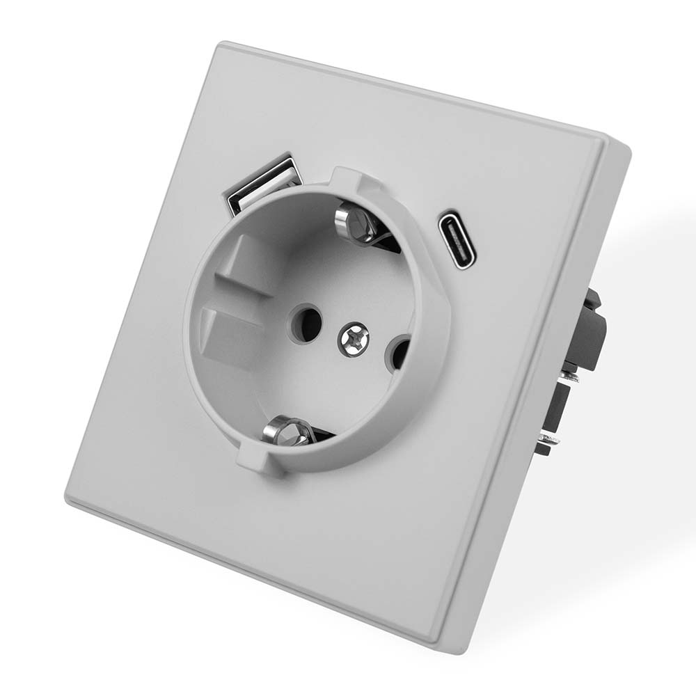 Фото Розетка электрическая, светло-серая, 1 пост, USB-A, USB-С, с рамкой Vell Air {V702088}