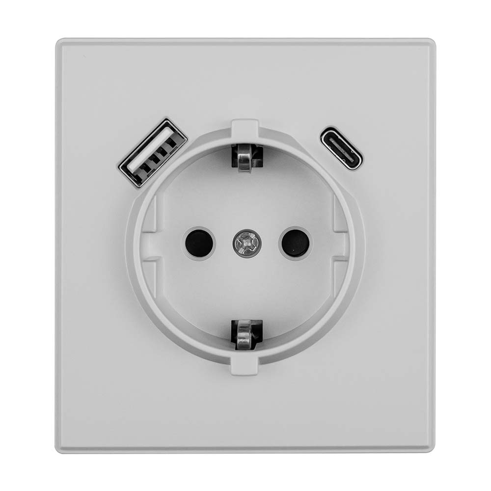 Фото Розетка электрическая, светло-серая, 1 пост, USB-A, USB-С, с рамкой Vell Air {V702088} (1)