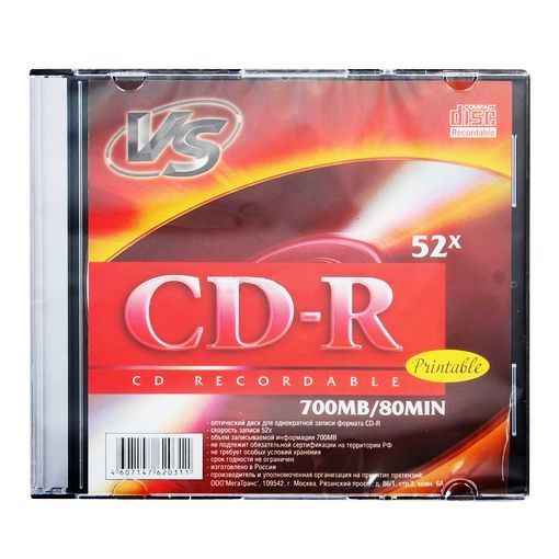 Фото Диск CD-R VS 700 Mb, 52x, Slim Case (5), Ink Printable (5/200) 20311 {VSCDRIPSL501}