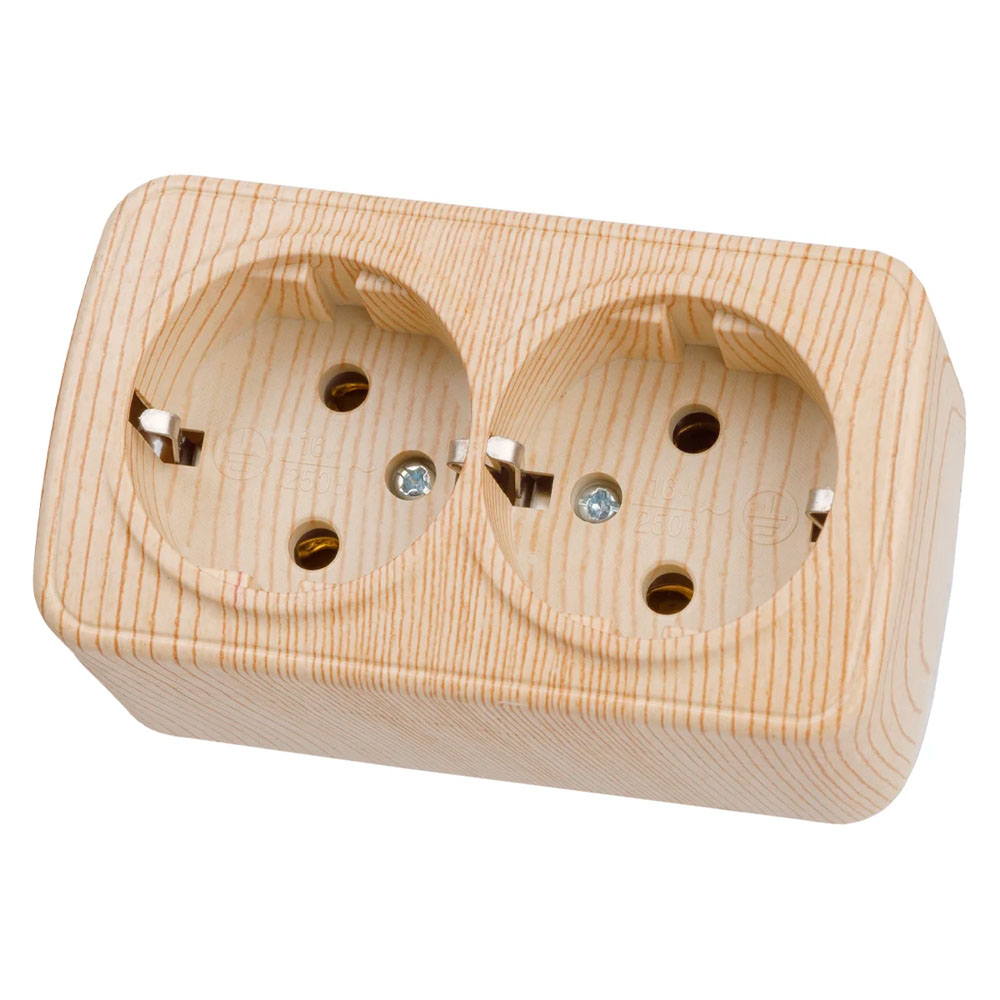 Фото Розетка двойная 2П+3 открытой установки IP20 16А, сосна "Дача" Народная {SQ1824-0040} (4)