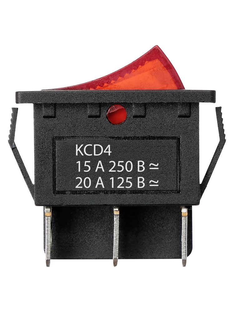 Фото Переключатель клавишный KCD4-203N 250В AC/DC, 2P, 15А, (6с), ON-OFF-ON, c нейтралью, черный корпус, красная клавиша, LED TDM {SQ0703-0051} (2)