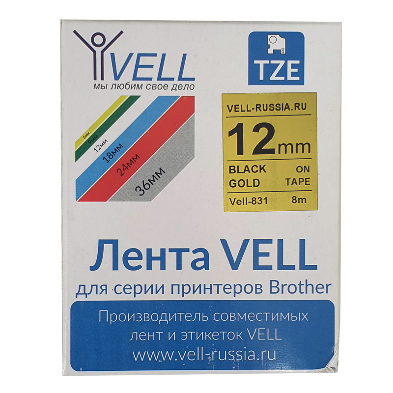 Фото Лента Vell VL-831 (Brother TZE-831, 12 мм, черный на золотом) для PT 1010/1280/D200/H105/E100/ D600/E300/2700/ P700/E550/9700