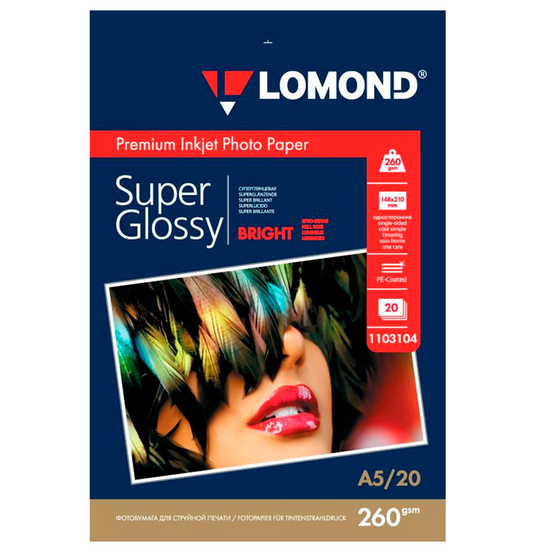 Фото Фотобумага Lomond одностороняя супер глянцевая, 260г/м², A5 (21x15 см) 20 листов {1103104}