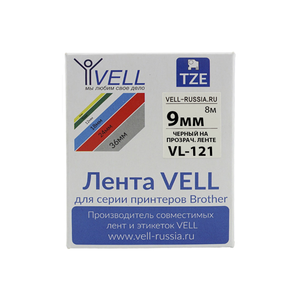 Фото Лента Vell VL-121 (Brother TZE-121, 9 мм, черный на прозрачном) для PT 1010/1280/D200/H105/E100/D600/E300/2700/P700/E550/9700 {Vell-121}