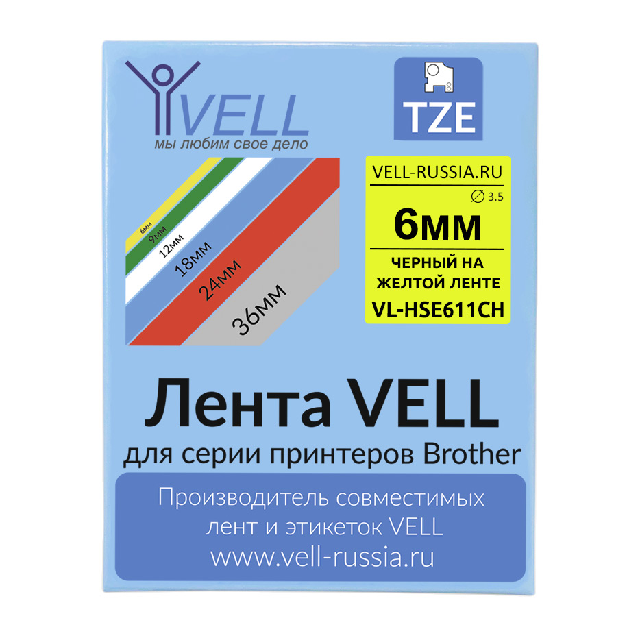 Фото Термоусадочная трубка Vell VL-HSE611CH (с чипом, 6 мм, черный на желтом) для Puty PT-100E/100ECH/Brother E300/E550 {Vell-HSE611CH}