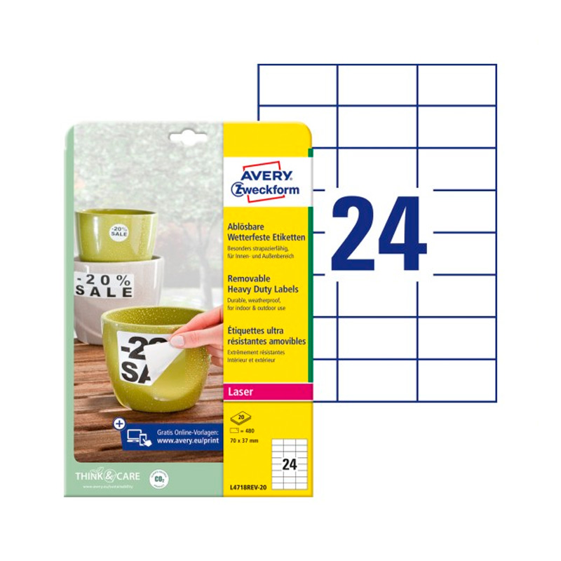 Фото Удаляемые этикетки всепогодные, 70 x 37 мм полиэстер, L+K+CL, бел., 480шт./ 20л. Avery Zweckform {L4718REV-20} (1)