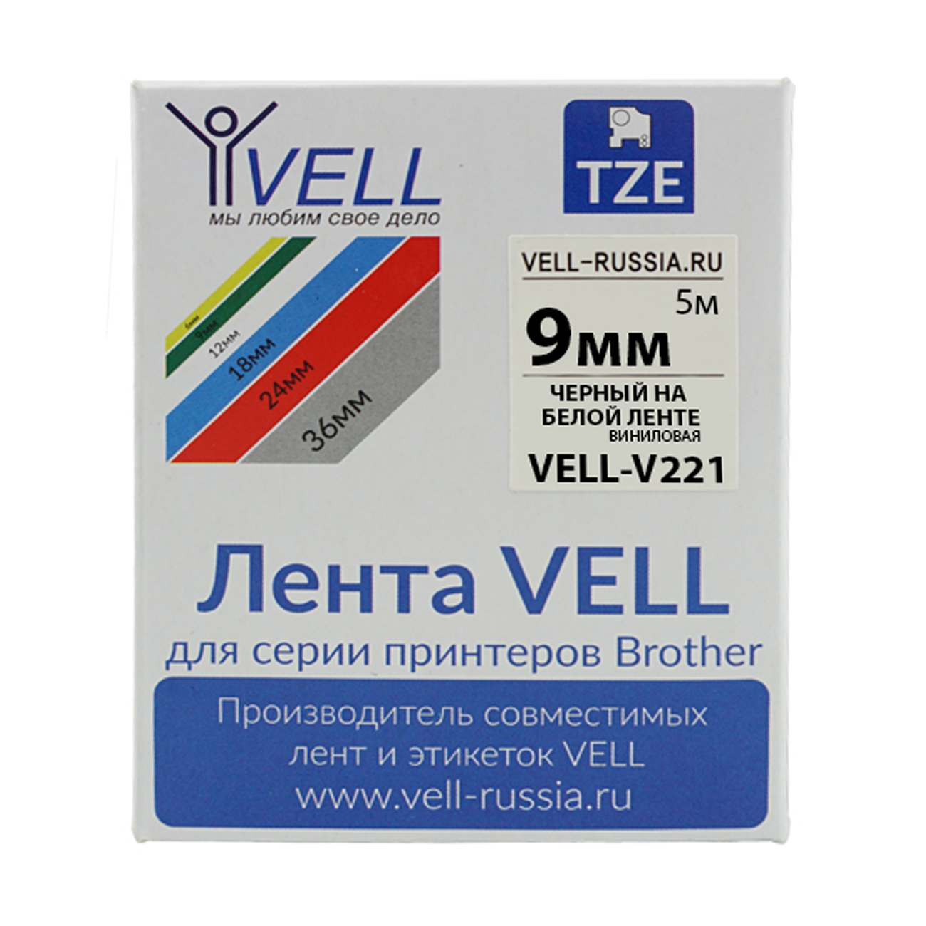 Фото Лента виниловая Vell V-221 (9 мм, черный на белом) для PT 1010/1280/D200/H105/E100/ D600/E300/2700/ P700/E550/9700 {Vell-V221}
