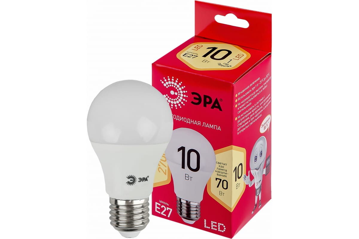 Фото ЭРА LED A60-10W-827-E27 R (диод, груша, 10Вт, тепл, E27) (10/100/2000) {Б0049634} (1)