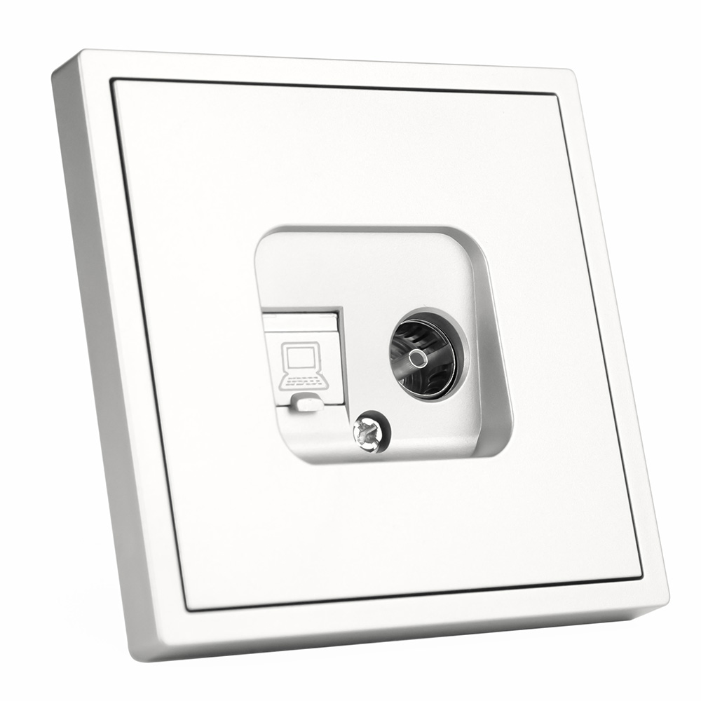 Фото Розетка белая, 1 пост, TV + RJ (CAT 6) разъем, с тонкой пластиковой рамкой Vell {WH-TV-RJ-Grand}