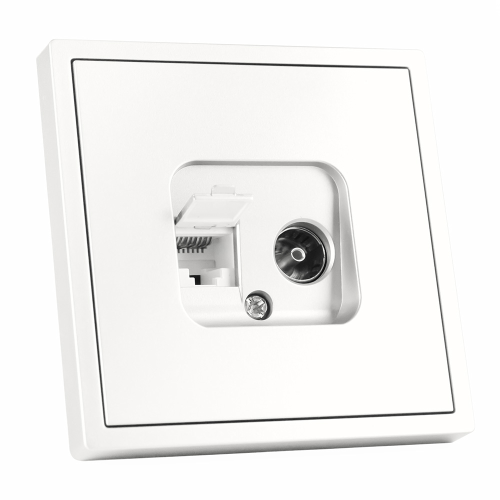 Фото Розетка белая, 1 пост, TV + RJ (CAT 6) разъем, с тонкой пластиковой рамкой Vell {WH-TV-RJ-Grand} (3)