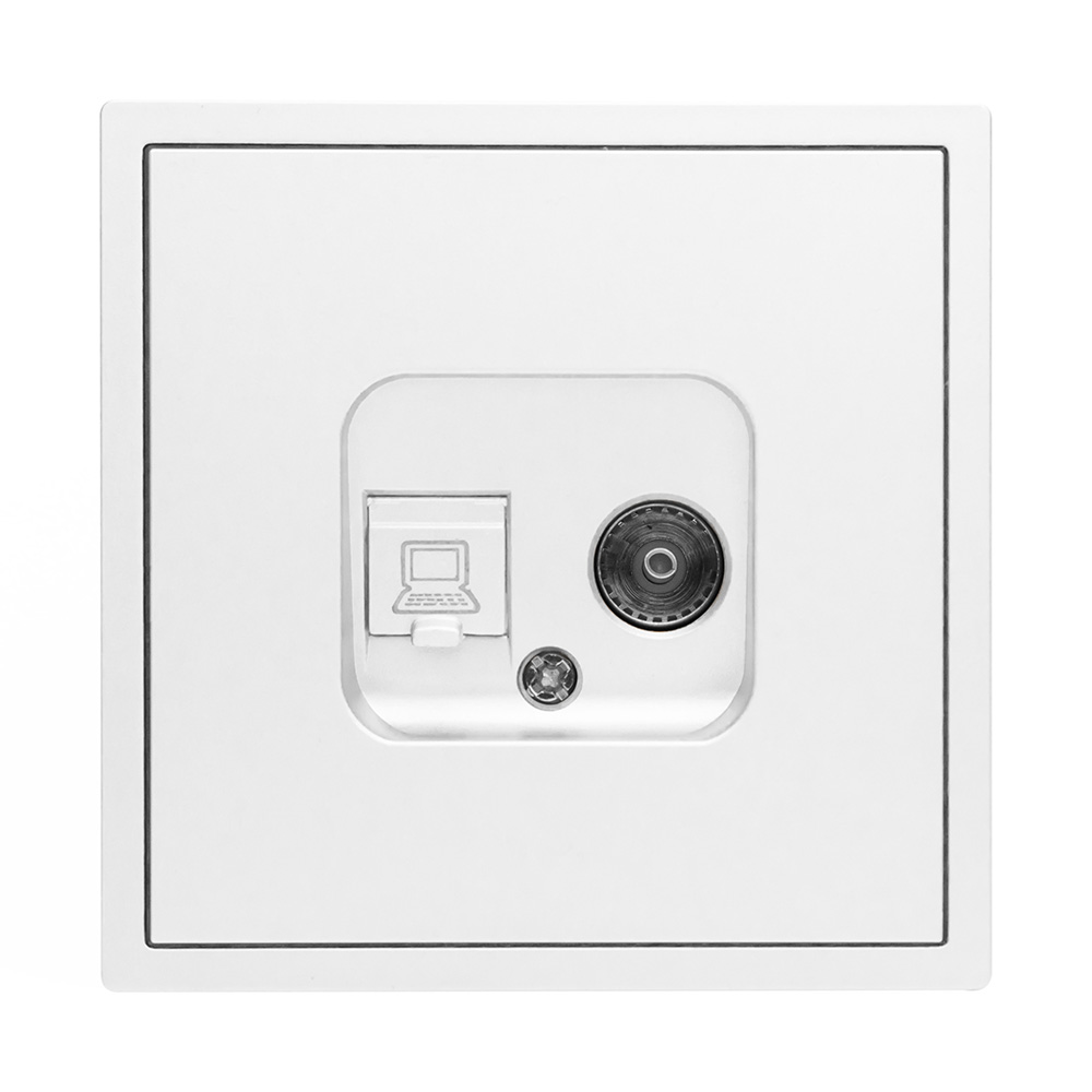 Фото Розетка белая, 1 пост, TV + RJ (CAT 6) разъем, с тонкой пластиковой рамкой Vell {WH-TV-RJ-Grand} (4)