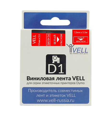 Фото Лента Vell VL-D-1805416 (винил, 12 мм x 5.5 м, белый на красном)