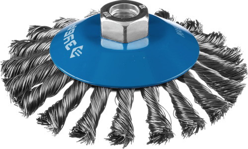 Фото ЗУБР "ЭКСПЕРТ". Щетка коническая для УШМ, плетеные пучки стальной проволоки 0,5 мм, 100 ммхМ14 {35269-100_z01}
