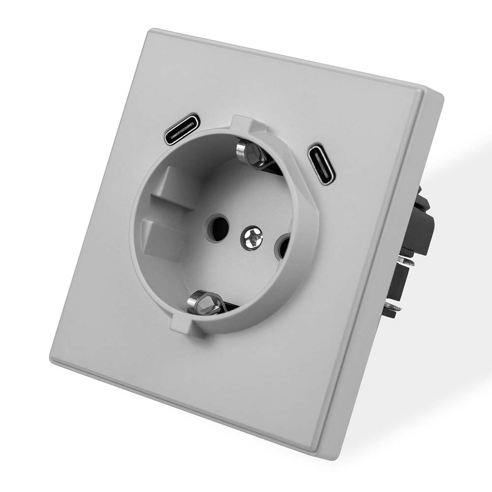 Фото Розетка электрическая, светло-серая, 1 пост, USB-С, USB-С, с рамкой Vell Air {V702092}