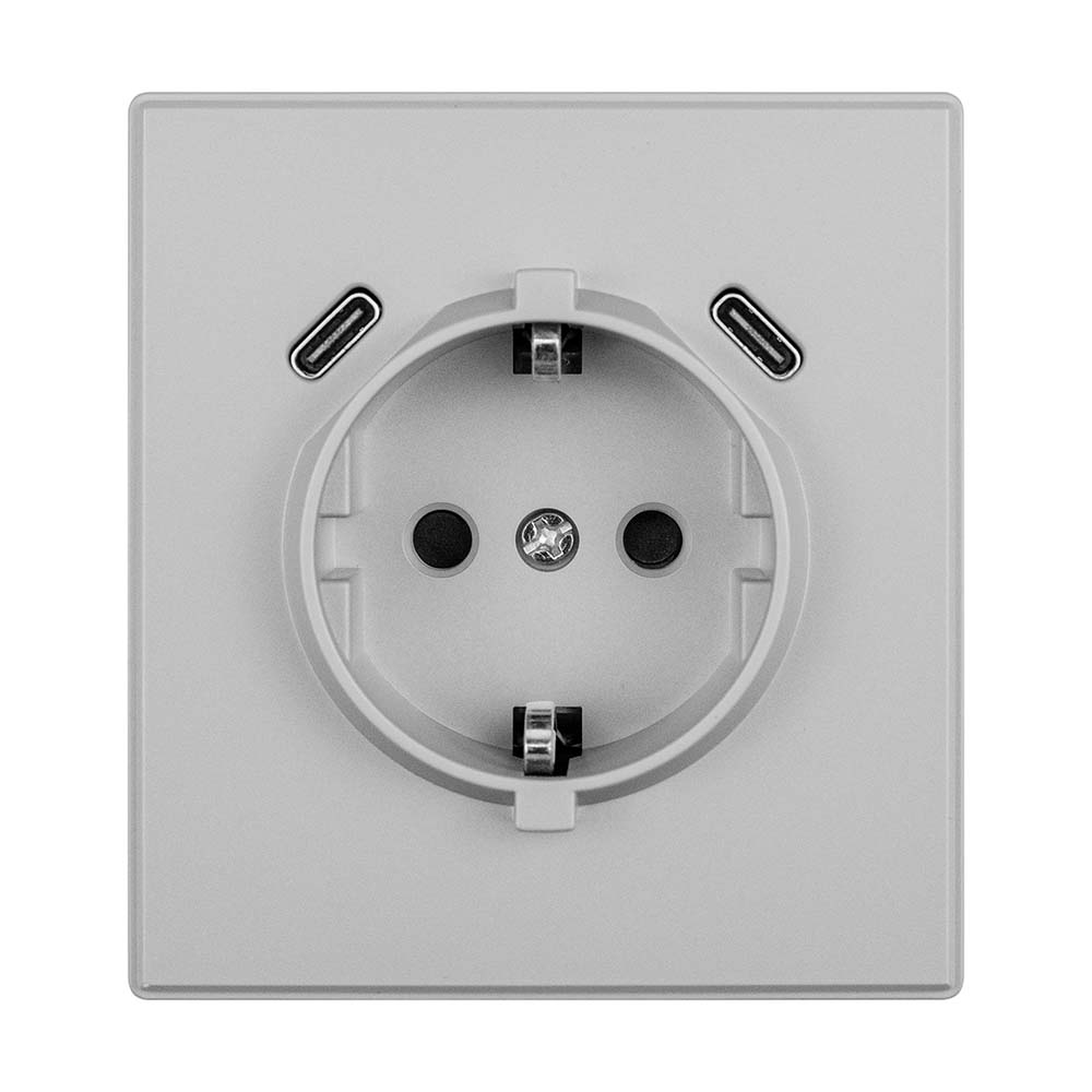 Фото Розетка электрическая, светло-серая, 1 пост, USB-С, USB-С, с рамкой Vell Air {V702092} (1)