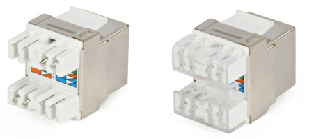 Фото Вставка KJ5-8P8C-C6-180-SH-F-WH Keystone Jack RJ45(8P8C) кат.6 тип 180 градусов бел. Hyperline 29845 (1)