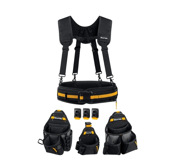 Фото Комплект KRAFTOOL KBS-5: пояс монтажника, подтяжки и 3 сумки {38760-5} (1)