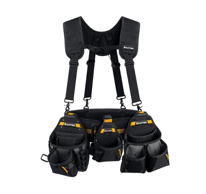 Фото Комплект KRAFTOOL KBS-5: пояс монтажника, подтяжки и 3 сумки {38760-5}