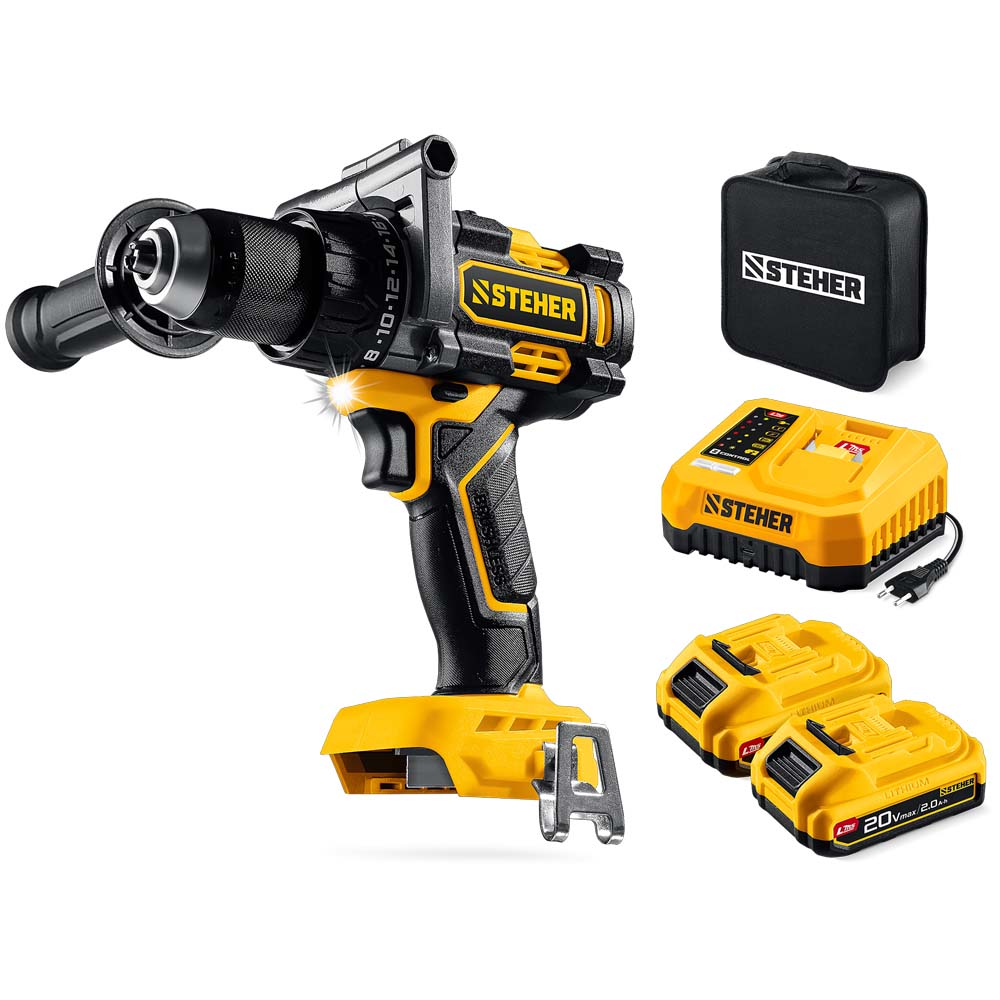 Фото Бесщеточная дрель-шуруповерт, 165 Н·м, 2 АКБ LMS {2 А·ч}, 20 В, сумка, STEHER {CB-165-22}