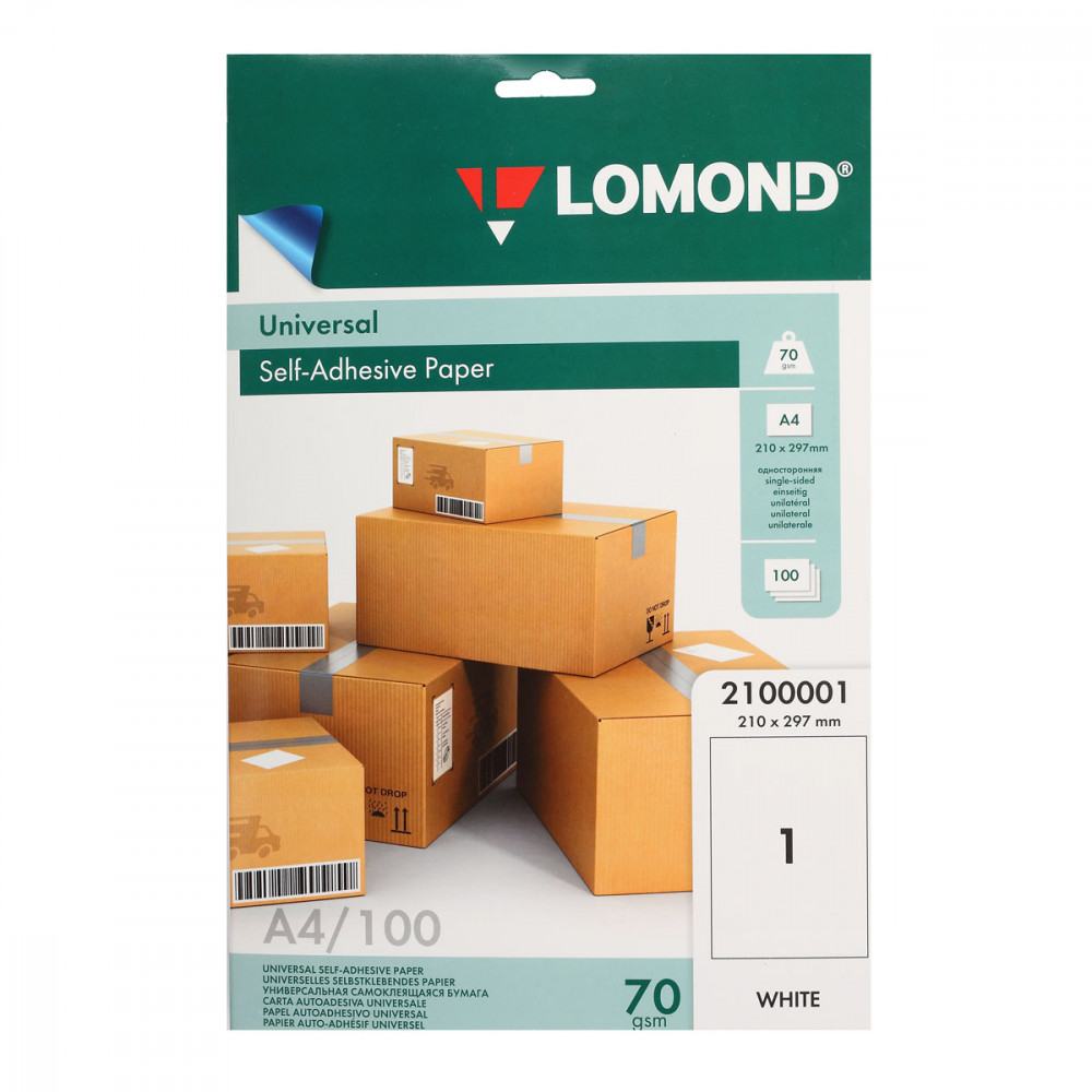Фото Самоклеящаяся матовая бумага Lomond универсальная для этикеток, A4, (210 x 297 мм), 70 г/м², 100 л {2100001}