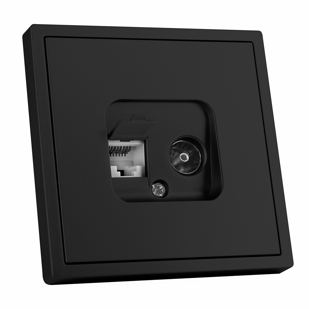 Фото Розетка черная, 1 пост, TV + RJ (CAT 6) разъем, с тонкой пластиковой рамкой Vell {BK- TV-RJ-Grand} (2)