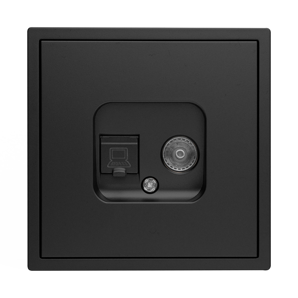 Фото Розетка черная, 1 пост, TV + RJ (CAT 6) разъем, с тонкой пластиковой рамкой Vell {BK- TV-RJ-Grand} (3)