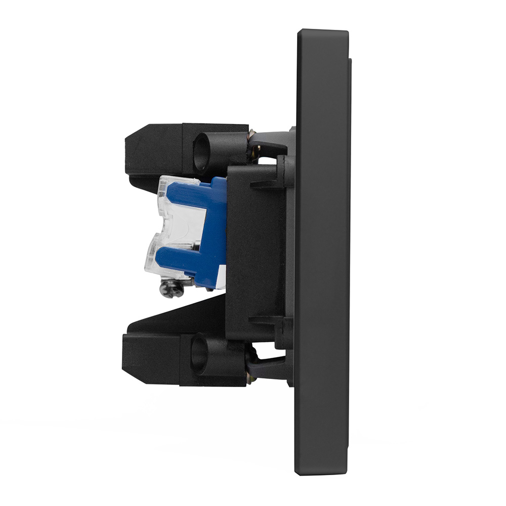 Фото Розетка черная, 1 пост, TV + RJ (CAT 6) разъем, с тонкой пластиковой рамкой Vell {BK- TV-RJ-Grand} (4)