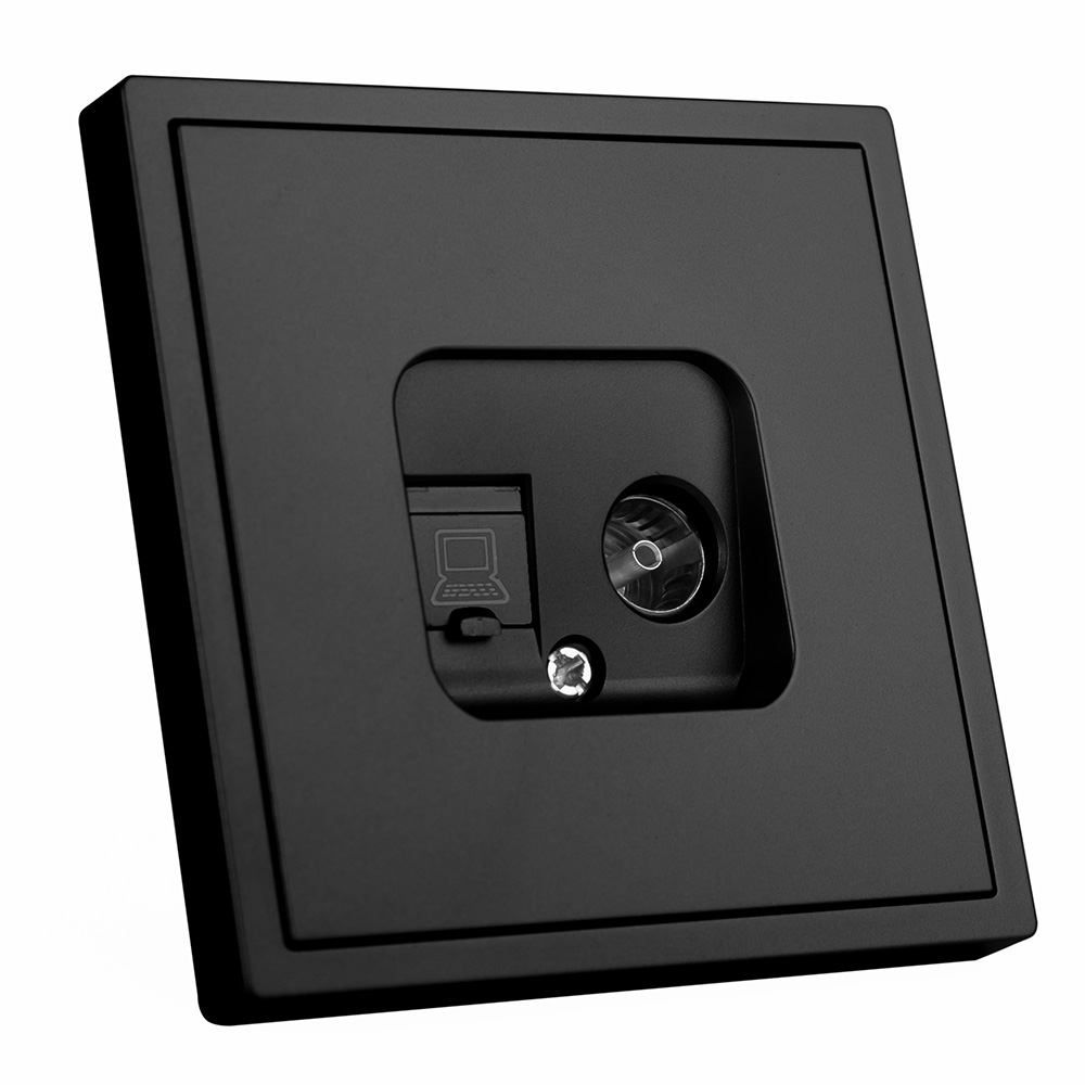 Фото Розетка черная, 1 пост, TV + RJ (CAT 6) разъем, с тонкой пластиковой рамкой Vell {BK- TV-RJ-Grand}