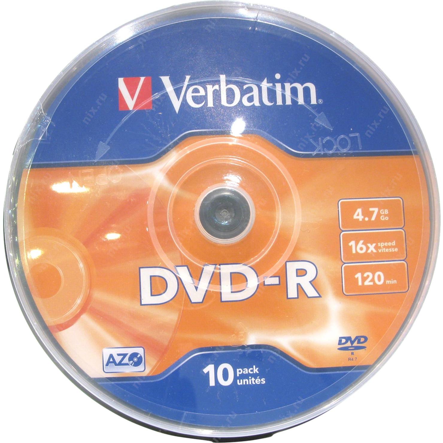 Фото Диск DVD-R Verbatim 4.7 Gb, 16x, Cake Box (10), (10/200) {43523} (1)