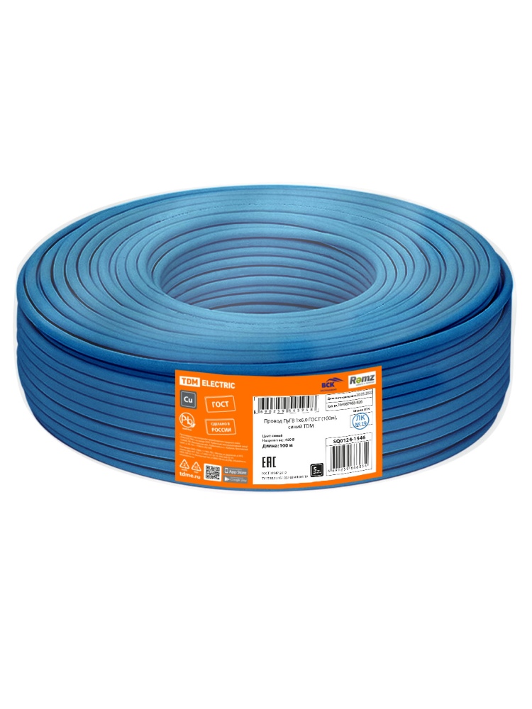 Фото Провод ПуГВ 1х6,0 ГОСТ (100м), синий TDM {SQ0124-1546} (2)