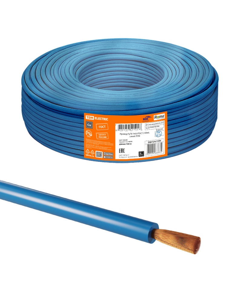 Фото Провод ПуГВ 1х6,0 ГОСТ (100м), синий TDM {SQ0124-1546} (1)