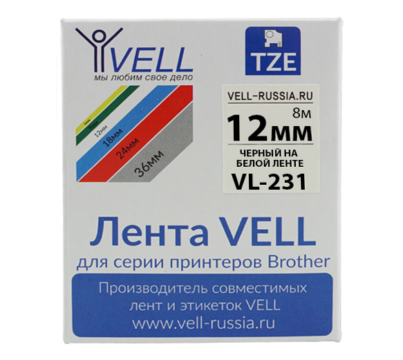 Фото Лента Vell VL-231 (TZe-231 Brother, 12 мм, черный на белом) для PT 1010/1280/D200/H105/E100/ D600/E300/2700/ P700/E550/9700