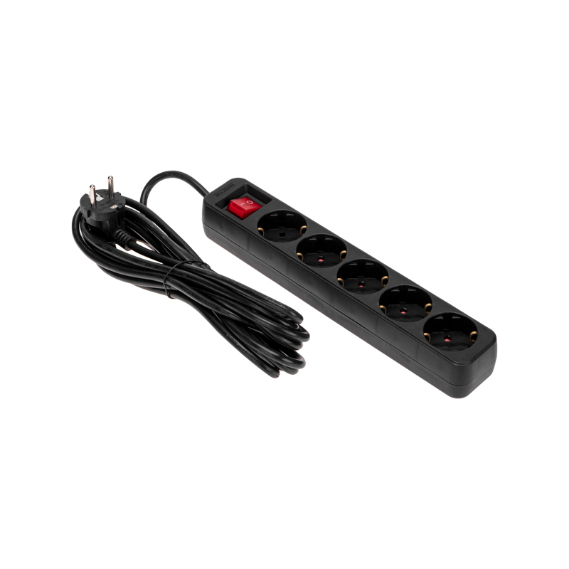 Фото Удлинитель STANDARD 5 гнезд, 5м, 3х1,0мм², с/з, с выключателем, черный REXANT {13-4039} (1)