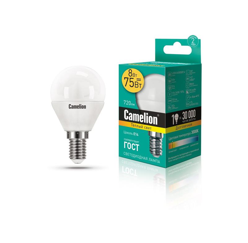 Фото Лампа светодиодная LED8-G45/830/E14 8Вт шар 3000К тепл. бел. E14 720лм 170-265В Camelion 12391
