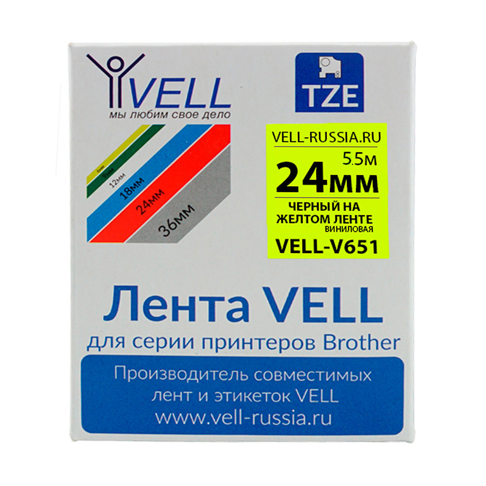 Фото Лента виниловая Vell V-651 (24 мм, черный на желтом) для PT D600/2700/P700/P750/ PTE550/9700/P900 {Vell-V651}