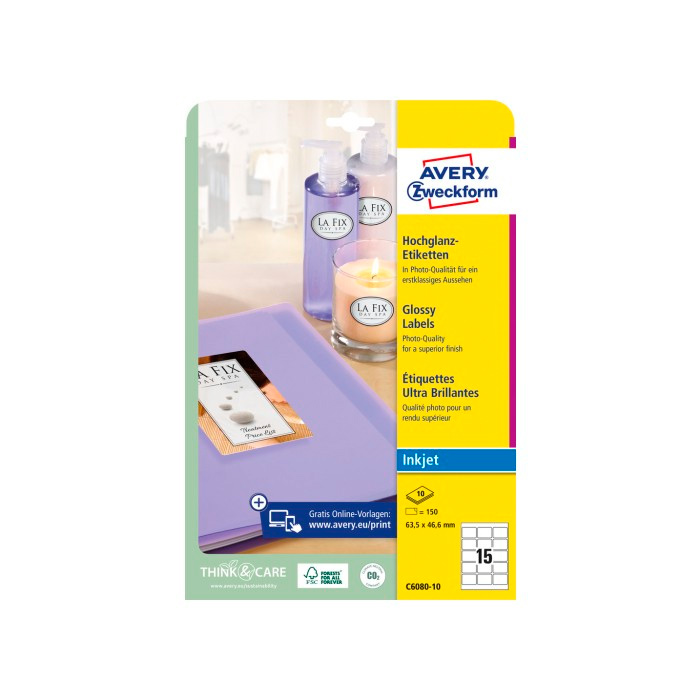 Фото Глянцевые этикетки Avery Zweckform самоклеящиеся 63.5x46.6 мм (15 шт. на листе A4, 10 листов) {C6080-10}