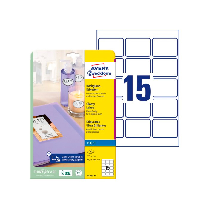 Фото Глянцевые этикетки Avery Zweckform самоклеящиеся 63.5x46.6 мм (15 шт. на листе A4, 10 листов) {C6080-10} (1)