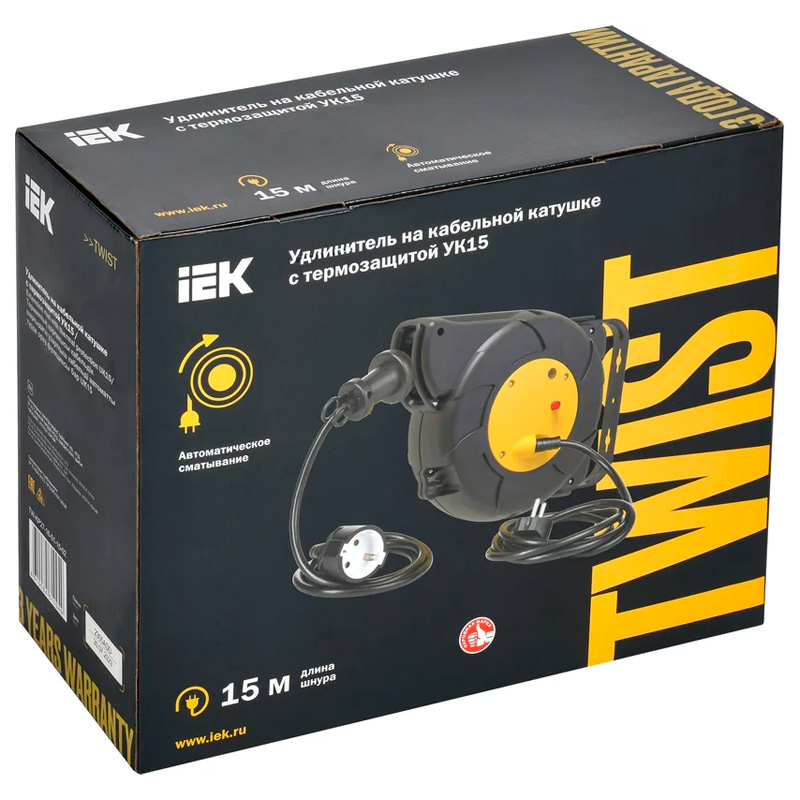 Фото Удлинитель на катушке TWIST 1х15м с заземл. автосмотка 16А IP20 ПВС 3х1.5 IEK TW-KP27-16-01-15-02 (1)