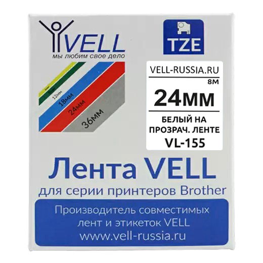 Фото Лента Vell VL-155 (Brother TZE-155, 24 мм, белый на прозрачном) для PT D600/2700/P700/P750/ PTE550/9700/P900 {Vell-155}