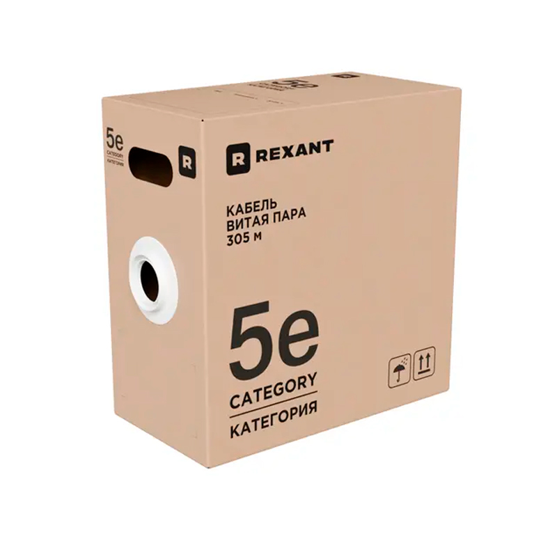 Фото Кабель витая пара U/UTP, CAT 5е, ZH нг(А)-HF, 4x2x0,52 мм, 24AWG, INDOOR, SOLID, серый, 305м, РФ REXANT {02-0004-R}