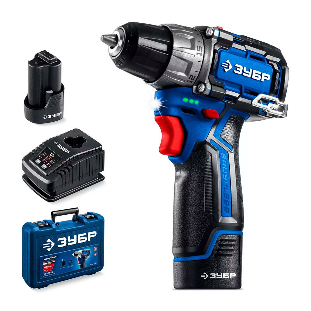 Фото Дрель-шуруповерт ЗУБР КОМПАКТ #2, 12 В, 45 Н·м, 1 АКБ тип Т7 (2 А·ч), BRUSHLESS, кейс, Профессионал (DB-121-21) (1)