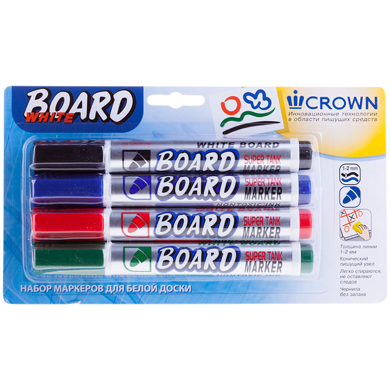 Фото Набор маркеров для белых досок Crown Multi Board CBM-1000-B/ЧСЗК, пулевидный наконечник, 3 мм, 4 цвета {207913}