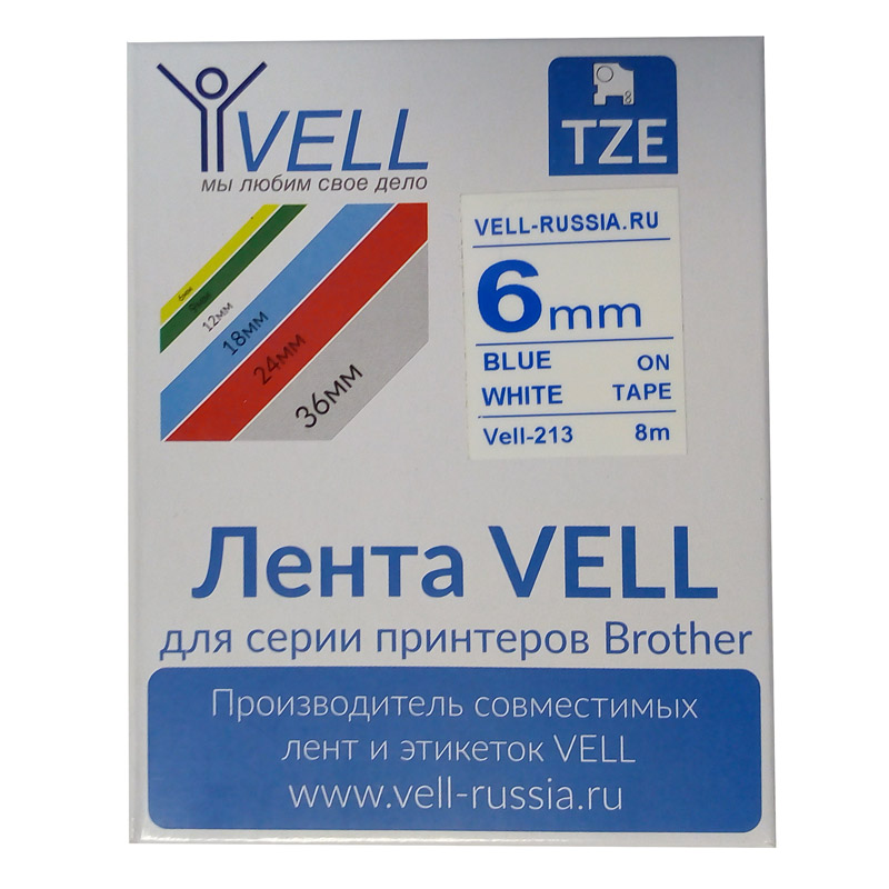 Фото Лента Vell VL-213 (6 мм, синий на белом) для PT 1010/1280/D200/H105/E100/ D600/E300/2700/ P700/E550/9700