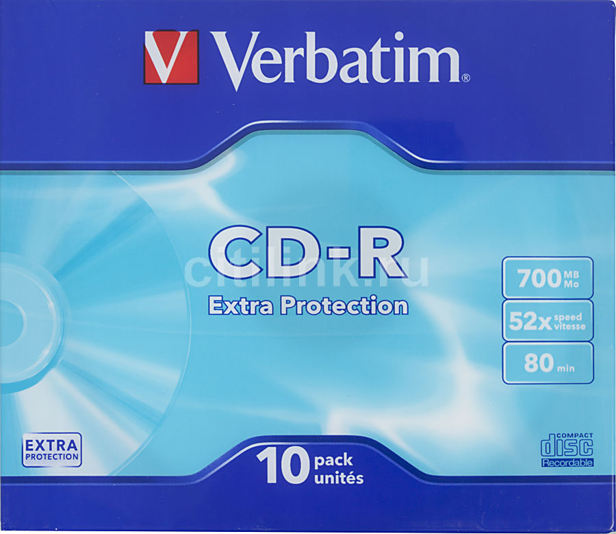 Фото Диск CD-R Verbatim 700 Mb, 52x, Slim Case (10), DL (10/100) {43415}