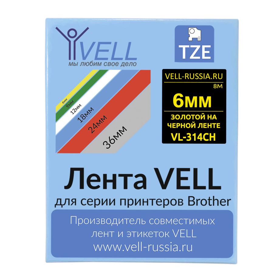 Фото Лента Vell VL-314CH (с чипом, 6 мм, золотой на черном) для Puty PT-100E/100ECH/Brother D200/E110/ D600/E300/2700/ P700/E550/P900 {Vell-314CH}