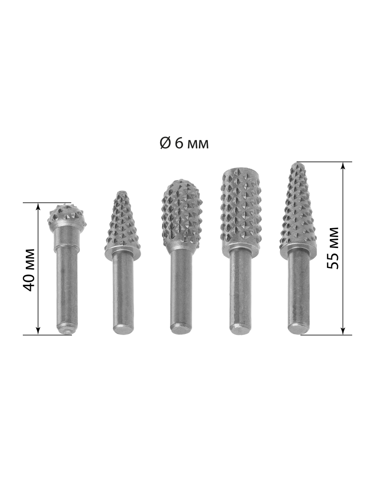 Фото Набор шарошек шлифовальных, рашпильных, Ø 6 мм, L 40-55 мм, по дереву, 5 шт, "Рубин" TDM {SQ1097-0513} (4)