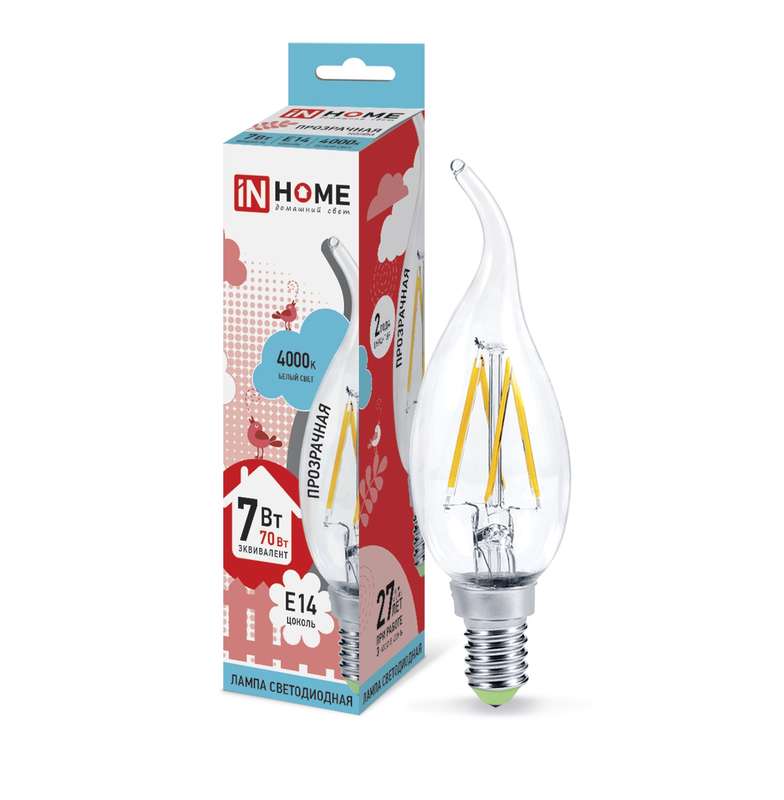 Фото Лампа светодиодная LED-СВЕЧА НА ВЕТРУ-deco 7Вт 230В E14 4000К 630Лм прозр. IN HOME 4690612007670